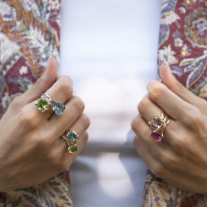 LEYSER Amour Fou ring collection — aquamarine, tourmaline, morganite and rubellite in 18k gold, worn stacked on both hands